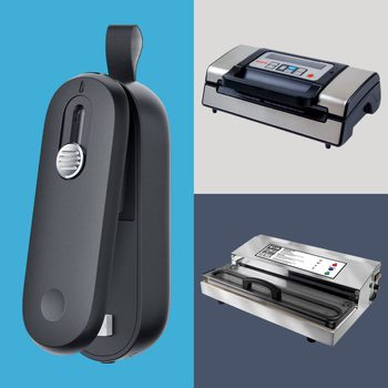 A handheld vacuum sealer is displayed on a blue background. Two larger, rectangular vacuum sealers are adjacent, one on a gray and the other on a blue background.