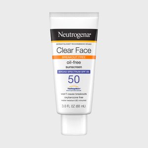 Tube displays Neutrogena Clear Face sunscreen, 50 SPF, designed as oil-free and breakout-free, with helioplex technology, 3.0 fl oz (88 mL), white background.