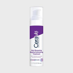Bottle dispenses exfoliating treatment; labeled 