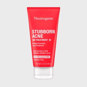 Red tube displays Neutrogena's Stubborn Acne AM Treatment, Benzoyl Peroxide formula; promises all-day help for stubborn acne, 2.5% Micronized BPO, fragrance-free, 2 oz.