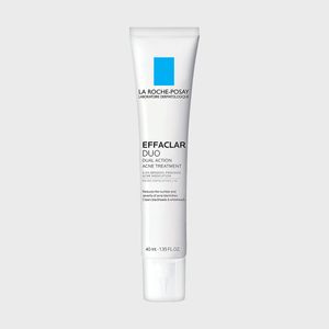 Tube displays skincare product for acne treatment against a plain backdrop. Text: 