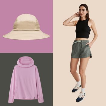 A beige bucket hat, a pink hoodie, and a woman wearing a black top with green shorts and sneakers; background features contrasting colors.