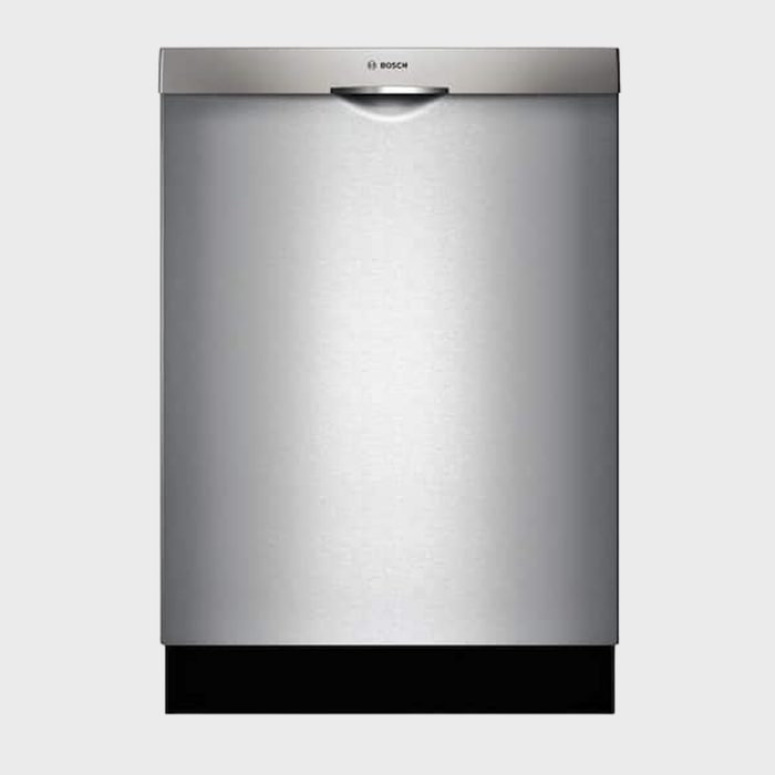 Dishwasher standing idle; features a sleek stainless steel front; indoors against a neutral gray background. Bosch logo centered on the top panel.