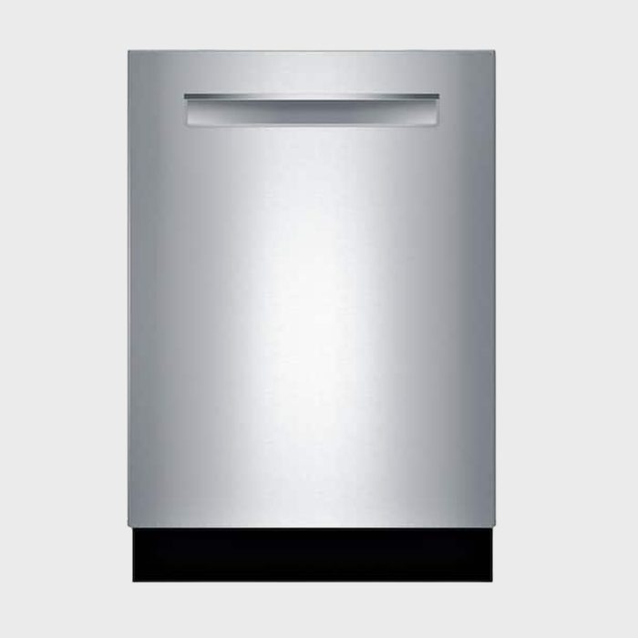 Stainless steel dishwasher stands idle against a plain light gray background.
