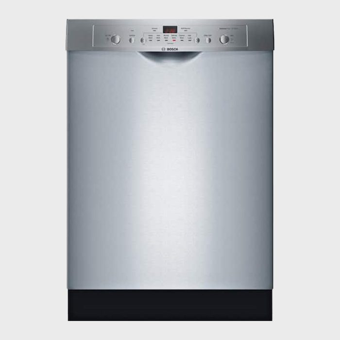 Stainless steel dishwasher, featuring control panel with buttons, stands against plain background. Display shows numbers and symbols, indicating operational options.