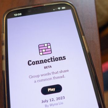 Phone screen displays "Connections BETA" game prompt, encouraging users to group words with a common thread. Button labeled "Play" is visible.
