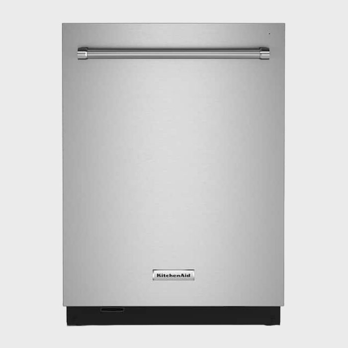 Stainless steel dishwasher with handle, standing upright. Located indoors with 