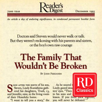 Magazine cover features the article "The Family That Wouldn't Be Broken" by John Pekkanen, highlighting perseverance. Context: December 1993 issue, Reader's Digest.
