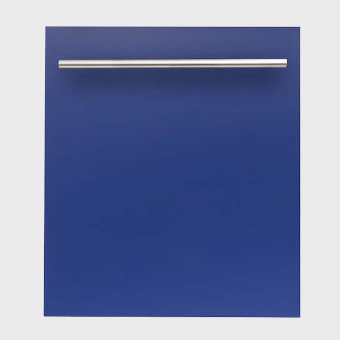 A blue cabinet door with a silver handle centered on a white background.