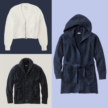 Three cardigans displayed, each with unique designs: white with zipper, navy with shawl collar and buttons, navy with hood and belt tie.