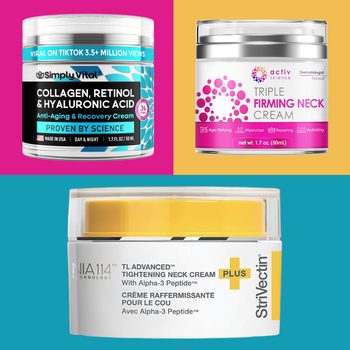 Three skincare cream jars are shown. Simply Vital's and Activ Science's jars emphasize anti-aging; StriVectin offers tightening effects. Backgrounds are pink, orange, and blue.
