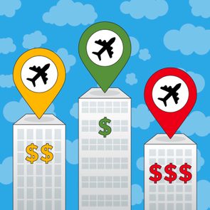 Three skyscrapers display dollar signs; airplane icons hover above in yellow, green, and red markers against a blue sky with clouds.