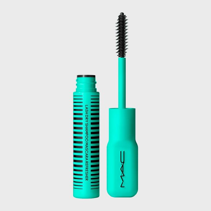 Mascara tube stands open; brush exposed, adjacent to closed turquoise textured container, labeled 