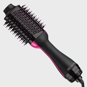 A black and pink hair styling tool with bristles and a handle, featuring the brand 