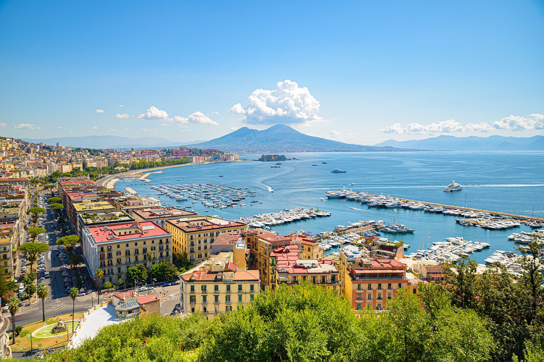 View of the Gulf of Naples from the Posillipo hill with Mount Vesuvius far in the background