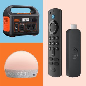 Portable power station with display on blue, remote and streaming device on peach, digital clock with warm glow on orange.