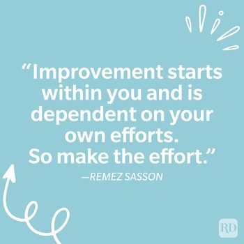 Quote encouraging self-improvement is displayed on a light blue background with decorative white lines in the corners.