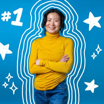 Person smiling with arms crossed, outlined by white, wavy lines; stars and "#1" appear on a bright blue background.