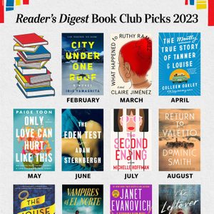 Stacked book covers displayed monthly in a grid. Titles include 