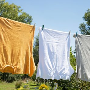 Three shirts hang drying on a clothesline, clipped with clothespins, amidst a lush garden under a clear blue sky.