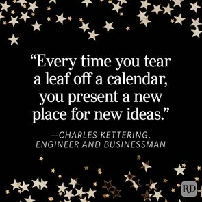 Quote text reads, â€œEvery time you tear a leaf off a calendar, you present a new place for new ideas.â€ Stars scattered on a black background.