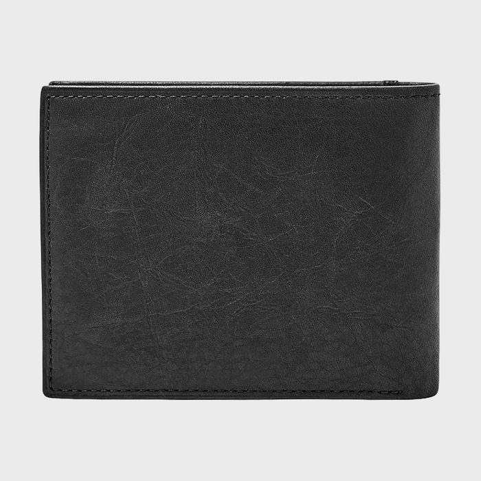 Black leather wallet, closed, against a plain white background.