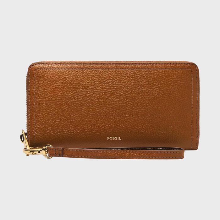 Brown leather wallet with a gold zipper, resting on a white background. A detachable strap is attached. Text: 
