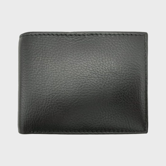 Black leather wallet resting on a white background, showing its textured surface and neat stitching.