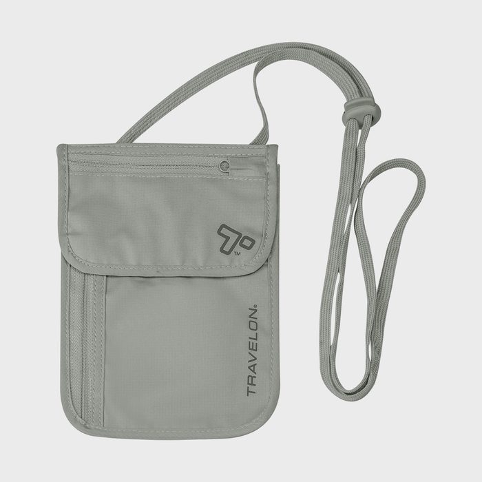 A gray travel pouch with a flap, features a strap, and displays 
