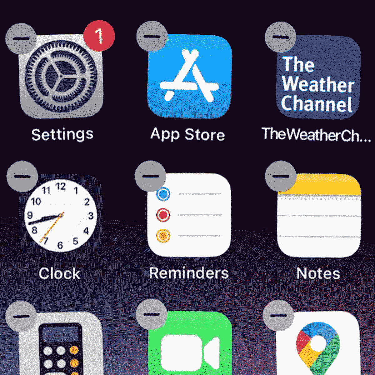Icons on a smartphone screen wiggle, displaying minus signs in edit mode against a dark background.