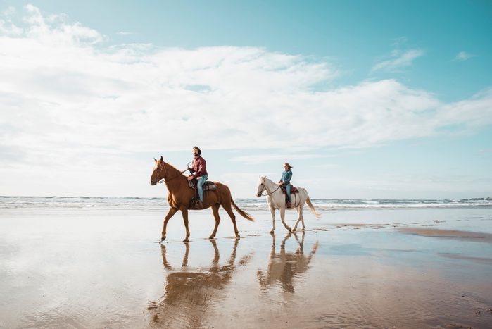 Two people ride horses along a sandy beach, with gentle waves in the background under a clear, blue sky.