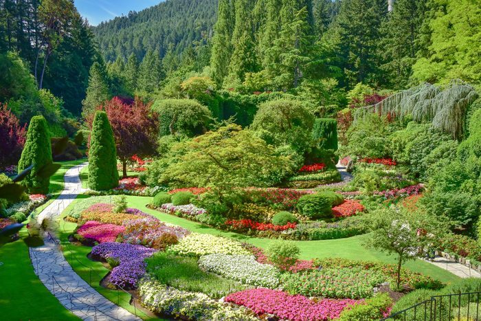 Garden displays colorful flowers and manicured hedges, bordered by stone pathways, surrounded by dense forested hills offering a serene, vibrant landscape.
