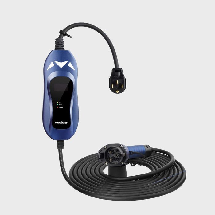 Charging cable coiled neatly, featuring a blue control box with indicator lights labeled 