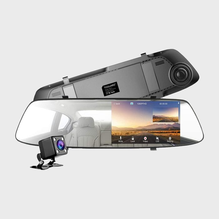 Rearview mirror displays video with menu icons; mounted camera included. Visible car interior in mirror reflection; labeled 