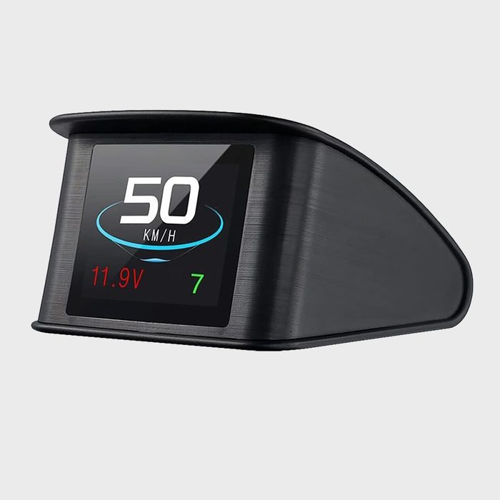 A black digital speedometer displays 50 KM/H, 11.9V, and number 7, set against a plain gray background.