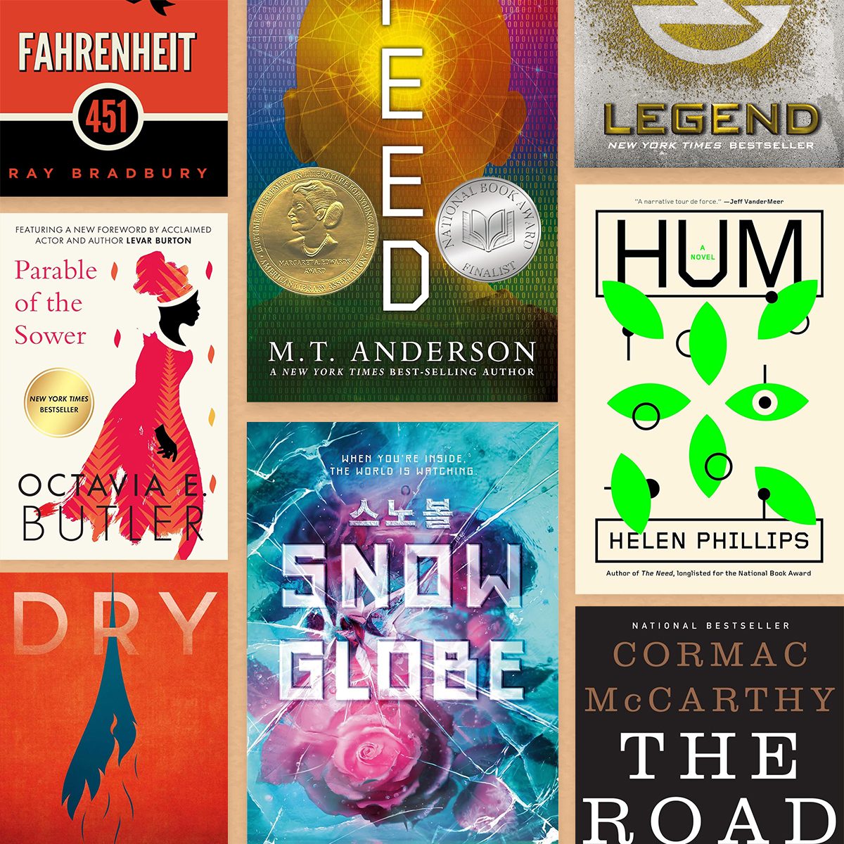 Six book covers displayed, featuring diverse designs and titles: "Fahrenheit 451," "Feed," "Legend," "Parable of the Sower," "Hum," "Dry," "Snow Globe," and "The Road."