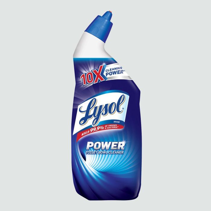 Bottle contains Lysol Power Toilet Bowl Cleaner, angled nozzle, vibrant blue label and cap, emphasizes 