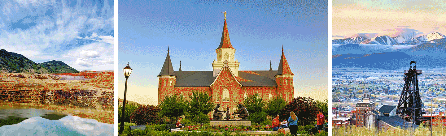 Mine with terraced layers sits in a mountainous landscape; a church stands surrounded by people and greenery; city skyline with snowcapped mountains in background.