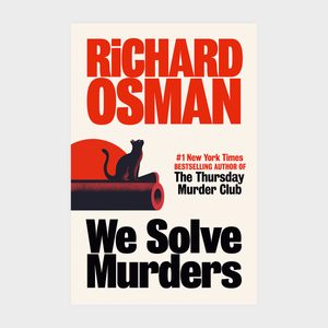 Book cover features bold red and black text, a silhouetted cat on pipe, and promotional lines identifying a best-selling mystery novel.