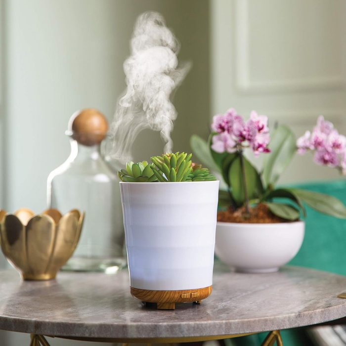 Humidifier emits mist from a white pot shaped like a plant on a tabletop, surrounded by flowers and decorative objects.