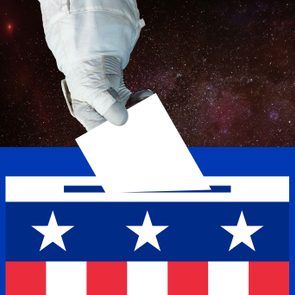 An astronaut's gloved hand places a ballot into a USA-themed box, set against a starry space background.