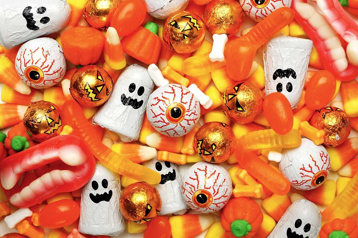 An assortment of Halloween candy.