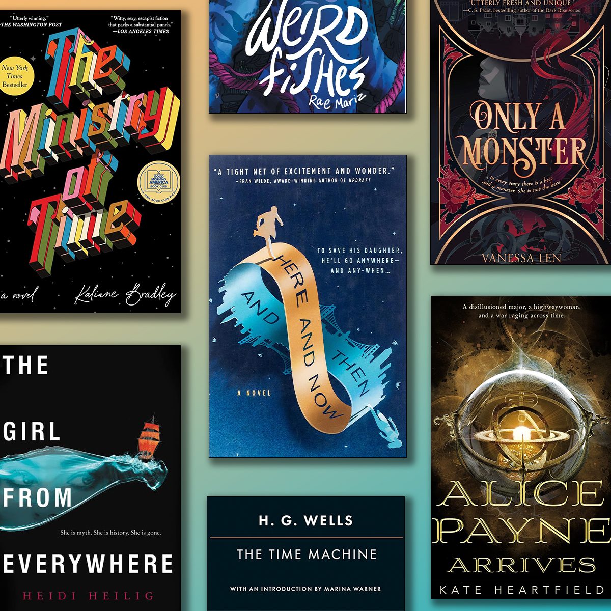 Books are displayed with colorful covers, depicting various themes. Titles include "The Ministry of Time," "Weird Fishes," "Only a Monster," and "The Time Machine."