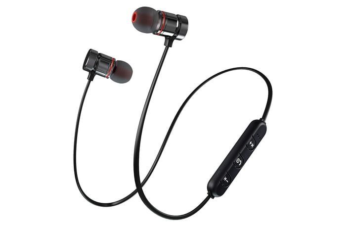 Black wireless earphones have a connecting wire with an in-line control panel, featuring buttons, set against a plain white background.