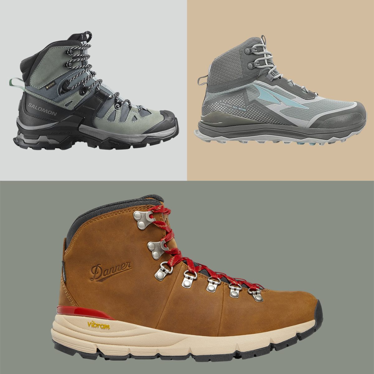 Three hiking boots are displayed side by side against a colored background. Each boot varies in design, material, and branding.