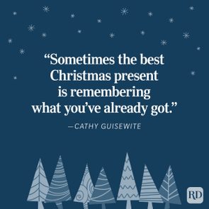 Quote is displayed, emphasizing gratitude, against a dark background featuring decorative trees and stars below.
