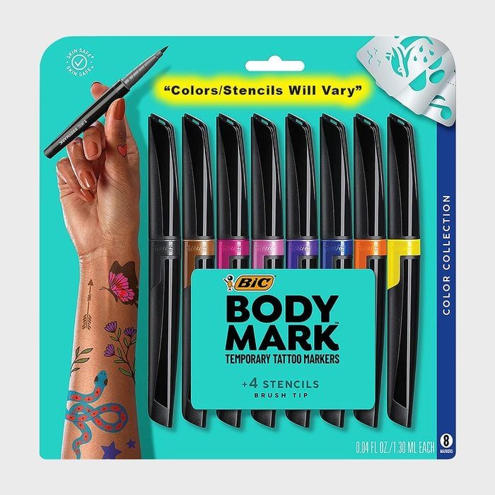 Markers display vivid colors while a hand illustrates designs on skin; packaging promises body-safe, temporary tattoo options with stencils included.