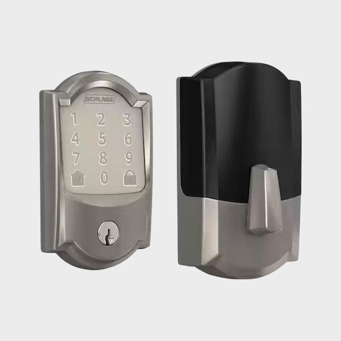 Keypad deadbolt lock displays numbers and button icons; adjacent component is a sleek electronic housing. Both in a neutral setting.