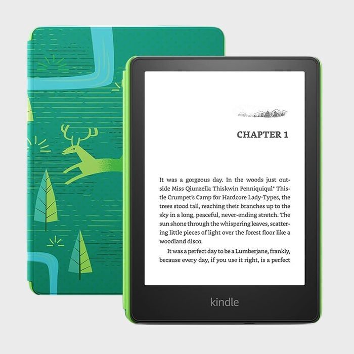 Kindle displays chapter one and text. Green case features an illustration of trees, river, and deer in a forest scene.