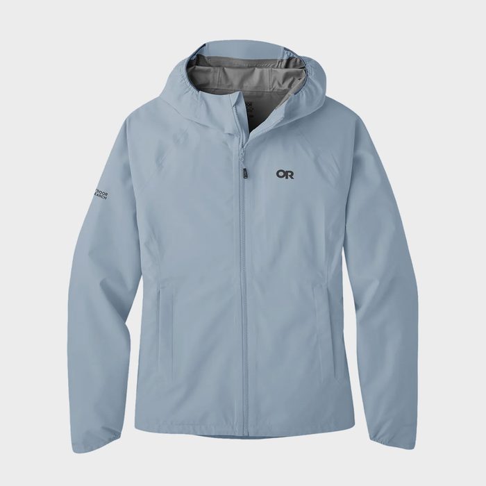 A light blue hooded jacket displayed against a plain white background, featuring a front zipper and the 